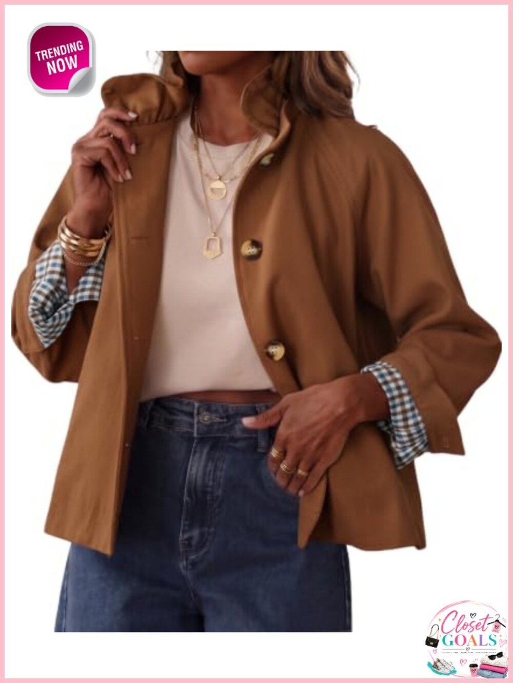Ruffle Trench Coat Short Cropped Jacket Plaid Cuffs Button Front Women